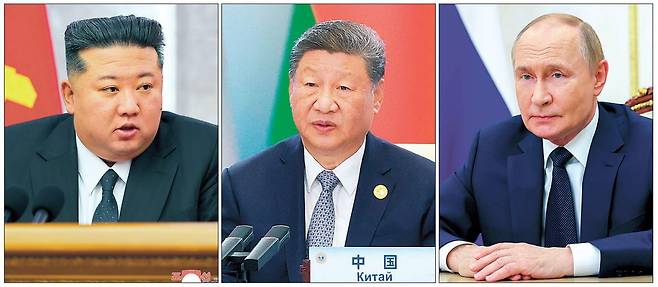 중국의 전승절 80주년 열병식이 오는 3일 열리는 가운데 톈안먼 망루 위에는 시진핑 중국 국가주석을 중심으로 왼쪽에 김정은 북한 국무위원장과 오른쪽에 블라디미르 푸틴 러시아 대통령이 한자리 나란히 설 예정이다. 북한·중국·러시아 3국 정상이 함께 모이는 것은 66년 만이다. 왼쪽부터 김정은 국무위원장, 시진핑 주석, 푸틴 대통령 [연합·타스·AP]