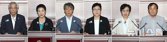 [정읍=뉴시스] 2일 정읍시의회 제306회 임시회 제1차 본회의가 열렸다. 왼쪽부터 '5분 자유발언'을 하고 있는 김승범 의원, 황혜숙 의원, 이도형 의원, 한선미 의원, 서향경 의원을 비롯해 '제6차 국도·국지도 건설계획 정읍시 제안사업 일괄 예비타당성조사 통과 촉구 건의안'을 대표 발의한 오명제 의원이 제안설명을 하고 있다. *재판매 및 DB 금지
