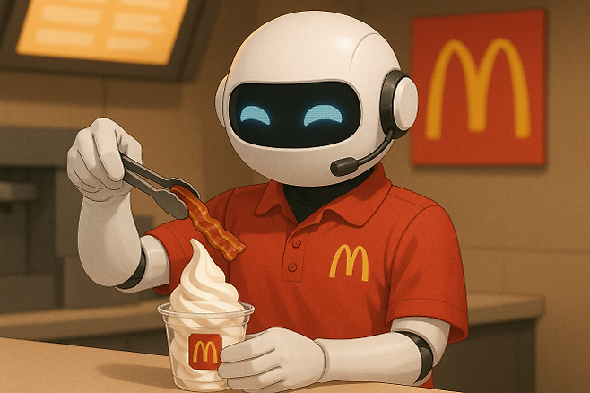 맥도날드가 도입했던 AI 접수원이 아이스크림에 베이컨을 추가한 실수를 챗GPT로 이미지화.