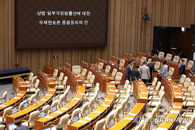 국회 무제한토론 (서울=연합뉴스) 김주성 기자 = 지난달 25일 국회 본회의에서 상법 개정안에 대한 무제한토론 종결 동의의 건이 상정되자 마지막 토론자였던 주진우 의원을 비롯한 국민의힘 의원들이 본회의장에서 나가고 있다. 2025.8.25 utzza@yna.co.kr [연합뉴스 자료사진]