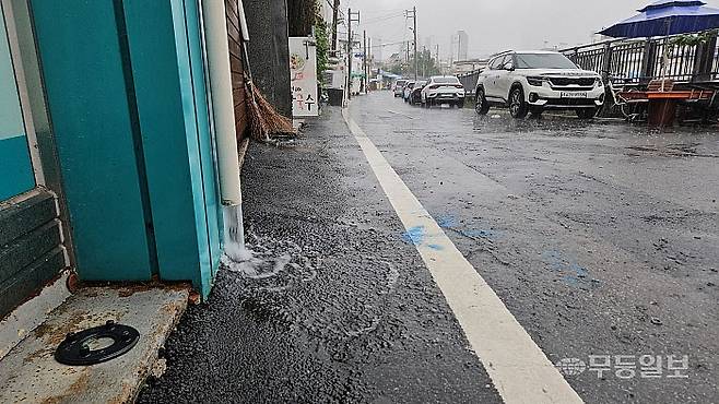 집중호우 때마다 침수 피해를 입는 신안교 일대 주택. 주택과 도로로 뒤덮인 도심에서 빗물이 지하로 스며들지 않고 우수관을 통해 하천으로 일시에 쏟아지면서 도시홍수가 발생하고 있다. 빗물을 지하에 가둘 수 있도록 '투수층'을 확대해야 한다는 지적이 제기됨에도 행정 당국의 무관심 속에서 개선이 이뤄지지 않고 있다. 이삼섭기자 seobi@mdilbo.com