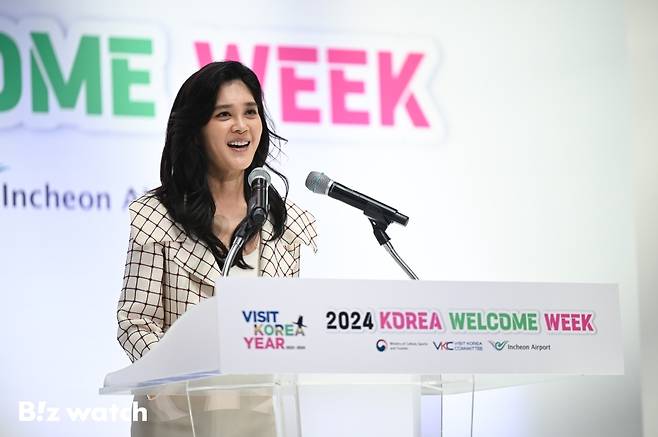 이부진 호텔신라 사장이 지난해 4월 인천국제공항 제1여객터미널에서 열린 '2024 한국방문의 해 기념 환영주간' 개막 행사에 참석해 인사말을 하고 있다. / 사진=이명근 기자 qwe123@
