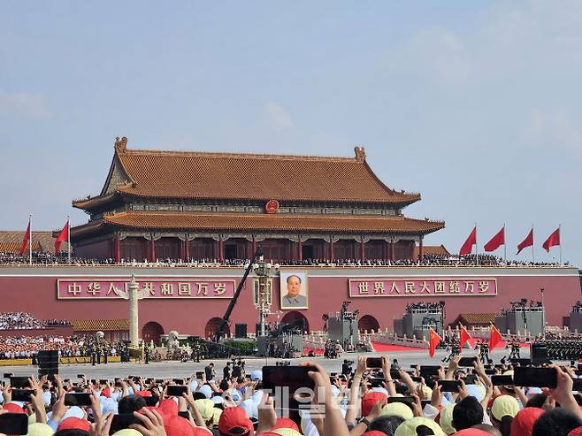 3일 오전 중국 베이징 톈안먼 광장에서 전승절 80주년 기념행사가 열리고 있다. (사진=이데일리 이명철 특파원)