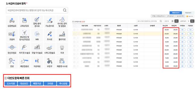 건강보험심사평가원 홈페이지 중 비급여 진료비용 공개 화면(자료=건강보험심사평가원)
