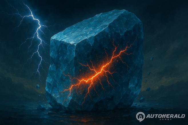 푸른 얼음 블록이 갈라지며 내부에서 전기가 흘러나오는 모습을 상상한 이미지.&nbsp;캠브리지 대학(University of Cambridge)&nbsp;제임스 파툼비(James Patumbe) 박사 연구팀이&nbsp;얼음에서 플렉소일렉트릭 효과와 표면 강유전성을 최초로 실험적으로 증명하는 논문을 발표했다.(오토헤럴드)