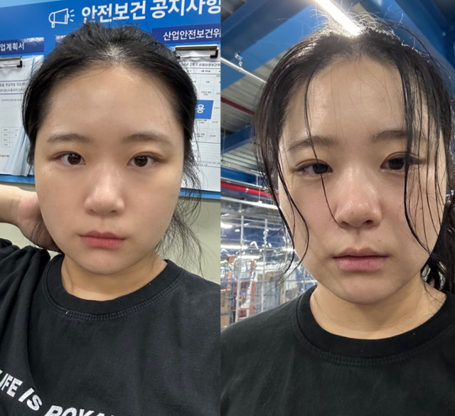 박지현 전 더불어민주당 비상대책위원장이 사회관계망서비스(SNS) 페이스북에 '쿠팡 알바' 후기와 함께 게시한 자신의 사진들. 구체적 설명은 따로 없었으나 왼쪽 사진은 업무 투입 이전, 오른쪽은 이후 모습인 것으로 보인다. 박 전 위원장 페이스북 캡처