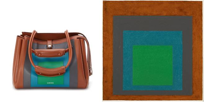 (오른쪽) 요제프 알베르스, 정사각형에 대한 경의를 위한 습작, 1964년. 요제프&아니 알베르스 재단 제공 (왼쪽) 요제프의 작품을 적용한 마드리드 백. 사진 로에베