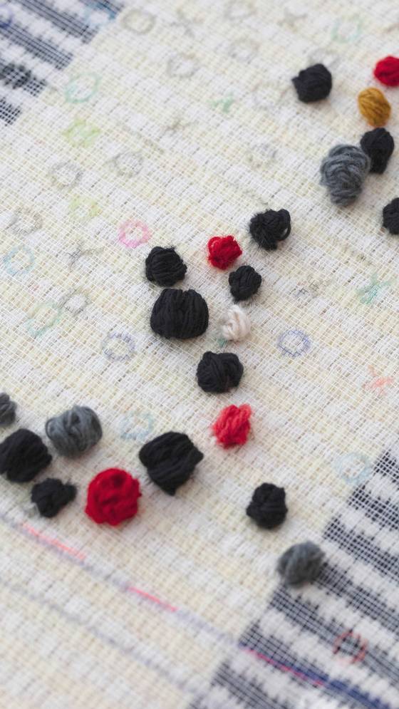 로에베는 섬유 작품의 특성을 살려, 색색의 실을 직조하고 손으로 엮는 과정을 구현한 직물을 코트와 시그니처 백에 적용했다. 사진 로에베