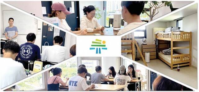 ▲ (위부터 시계방향으로)해솔직업사관학교 교실 앞 열린 공간에서 북한이탈주민 청소년들이 보드게임을 하고 있다. 기숙사 내부 전경. 해솔직업사관학교 식당에서 식사를 하고 있는 모습. 해솔직업사관학교에서 수업을 받고 있는 북한이탈주민 청소년들.