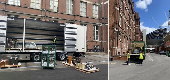 포장된 소장품들이 트럭으로 옮겨지는 모습. (좌) 과학박물관 (우) 빅토리아 앨버트 미술관 / 사진. ©박소연