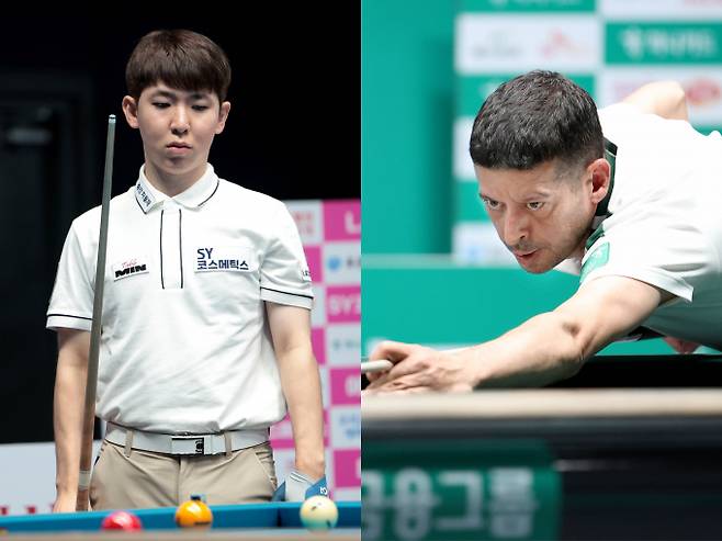 올시즌 개인 투어 우승 트로피를 들어올렸던 모리 유스케와 무라트 나지 초클루가 64강에 진출했다. 사진은 2025-26시즌 1차 투어 우승자 무라트 나지 초클루(오른쪽)와 3차 투어 우승자 모리 유스케의 모습. /사진=프로당구협회(PBA) 제공