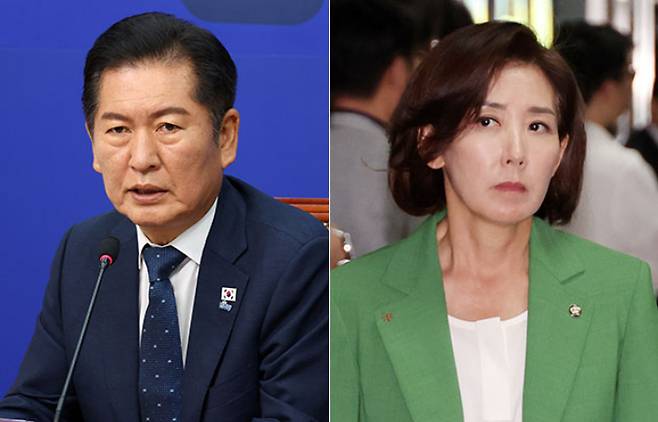 정청래 더불어민주당 당대표(왼쪽)와 국민의힘 나경원 의원. 윤창원 기자·연합뉴스