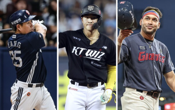 양의지, 안현민, 레이예스의 타율왕 3파전(사진=두산, 롯데, KT)