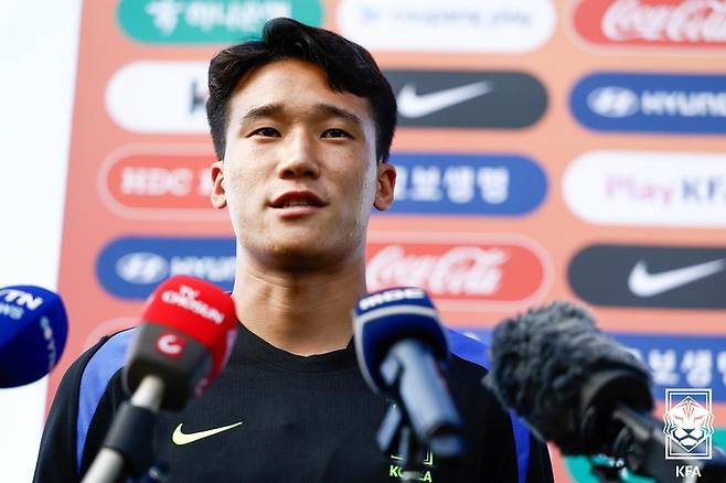 대한민국 축구국가대표팀 이태석이 2일(현지시간) 미국 뉴욕주 아이칸 스타디움에서 공식훈련을 앞두고 인터뷰를 하고 있다. (대한축구협회 제공, 재판매 및 DB 금지) 2025.9.3/뉴스1 ⓒ News1 김진환 기자