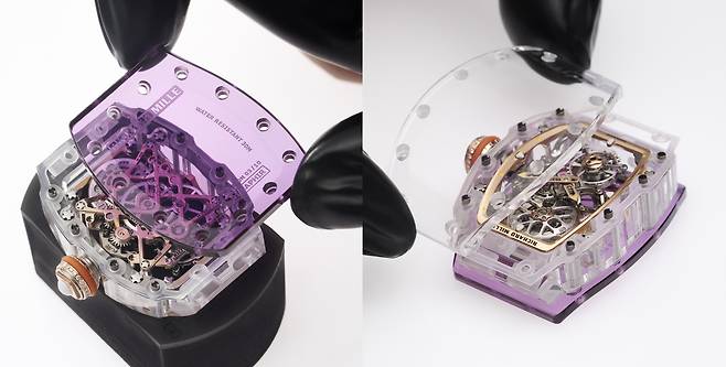 케이스 조립 과정. 시계 전체를 투명 사파이어 크리스털로 완성했다. 사진 리차드 밀