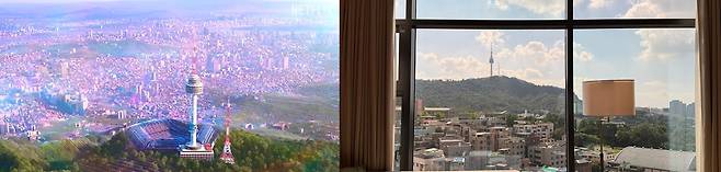 A view of Seoul, left, as portrayed in Netflix's ″KPop Demon Hunters″ with N Seoul Tower overlooking the city and a view of Mount Namsan and a view of Mount Namsan from The Ambassador Seoul - A Pullman Hotel's room [NETLFLIX / WOO JI-WON]