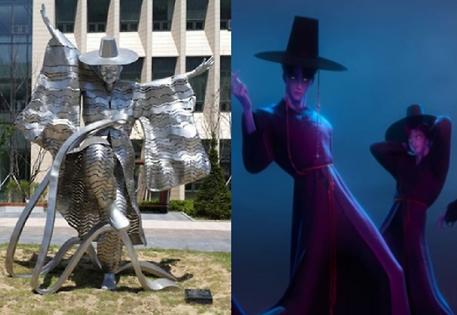 (왼쪽부터) 조형물 ‘흥겨운 우리가락’, 케이팝 데몬 헌터스의 '사자보이즈' / 사진=연합뉴스, 넷플릭스 유튜브 갈무리