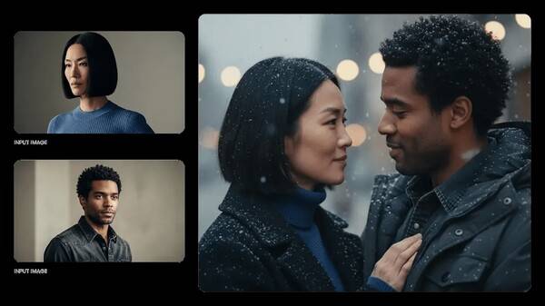 ▲ 제미나이 2.5 플래시 이미지 서비스를 통해 두 인물이 나온 이미지를 각각 입력한 다음 '눈이 내리는 가운데 서로를 안고 있는 로맨틱한 순간의 클로즈업 샷'을 요청한 결과물. 자료=구글.