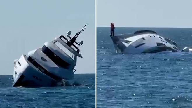 튀르키예 에레글리 앞바다에서 첫 항해에 나선 호화 요트 ‘돌체 벤토(Dolce Vento)’가 기울다 결국 전복되는 모습. 선주는 선체 위에 서 있다가 곧바로 바다로 몸을 던져 탈출했다. NX