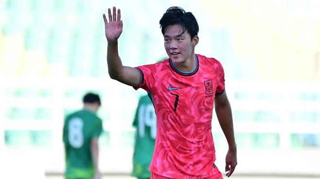 3일 오후 5시 30분(한국시간) 인도네시아 시도아르조의 글로라 델타 스타디움에서 열린 2026 아시아축구연맹(AFC) U-23 아시안컵 조별리그 J조 1차전 마카오전에서 골을 터뜨린 박승호. /사진=AFC 제공