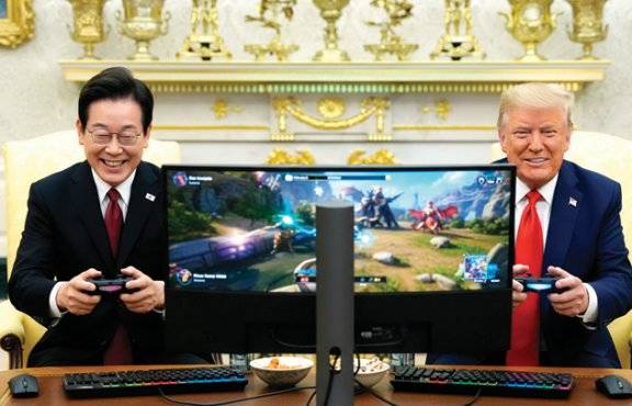 인공지능(AI) 이미지 생성 모델 ‘나노바나나’가 만들어낸 이미지. 이재명 대통령과 도널드 트럼프 미국 대통령이 함께 컴퓨터 게임을 하는 모습이다.&nbsp;나노바나나 생성 이미지&nbsp;