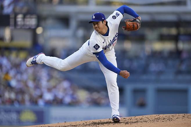 LA 다저스 오타니 쇼헤이가 지난 8월28일(한국 시간) 미국 캘리포니아주 LA 다저 스타디움에서 열린 2025 메이저리그 정규시즌 신시내티전서 선발 등판해 역투하고 있다. 사진 | LA=AP 연합뉴스