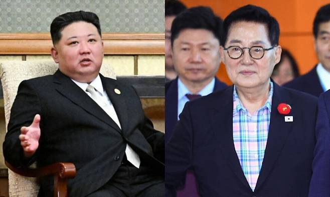 김정은 북한 국무위원장(왼쪽)과 박지원 더불어민주당의원. 타스/연합뉴스 연합뉴스