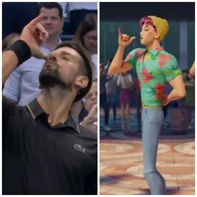 세계적인 테니스 스타 노바크 조코비치(왼쪽)가 지난 2일 미국 뉴욕에서 열린 US오픈 테니스 대회 남자 단식 준준결승에서 승리한 뒤 왼손 엄지 손가락을 입에 대고 춤을 추고 있다. 이 춤은 넷플릭스 애니메이션 'K팝 데몬 헌터스'에서 그룹 사자 보이즈가 노래 '소다 팝'에서 추는 춤이다. 조코비치는 "딸이 이 춤을 가르쳐줬다"고 웃으며 말했다. tvN스포츠 영상, 넷플릭스 영상 캡처