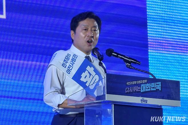 황명선 더불어민주당 최고위원이 지난달 2일 경기 고양시 킨텍스에서 열린 민주당 전당대회에서 연설하고 있다. 김건주 기자