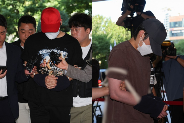 서울 서대문구에서 초등학생들을 유괴하려 한 20대들이 구속 심사를 받기 위해 5일 서울서부지법에 출석하는 모습. 연합뉴스