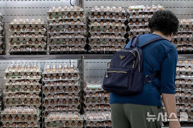 [서울=뉴시스] 정병혁 기자 = 5일 서울시내 한 대형마트에서 소비자들이 계란을 살펴보고 있다. 추석 성수기를 앞두고 고공행진 중인 계란 가격이 더 오를 것이라는 전망이 나왔다. 한국농촌경제연구원(KREI) 농업관측센터가 발간한 농업관측 산란계 9월호에 따르면 이달 계란 산지가격은 특란 10구 기준 1900~1950원으로 전망됐다. 1년 전(1686원)보다 최대 15.7% 오르는 수치다. 2025.09.05. jhope@newsis.com