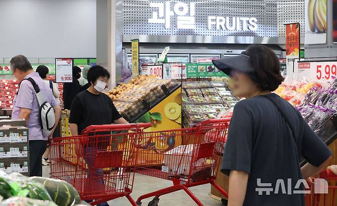 [서울=뉴시스] 김선웅 기자 = 8월 소비자물가 상승률 9개월 만에 최저치를 기록했다. 통계청 8월 소비자물가동향에 따르면 지난달 소비자물가지수는 116.45로 지난해 동월 대비 1.7% 상승해 작년 11월(1.5%) 이후 9개월 만에 가장 낮은 수준을 보였다. 석유류 가격이 낮은 수준을 유지하고 SK텔레콤이 통신요금을 큰 폭으로 할인한 영향이지만 농축수산물 가격은 작년 7월(5.5%) 이후 13개월 만에 가장 큰 폭으로 올랐다. 2일 서울 소재 유통매장에서 소비자들이 쇼핑을 하고 있다. 2025.09.02. mangusta@newsis.com