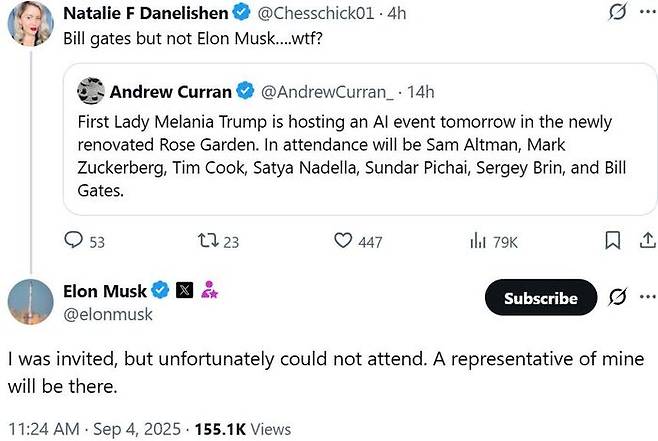 백악관에 초대받았다고 밝힌 일론 머스크의 엑스 글