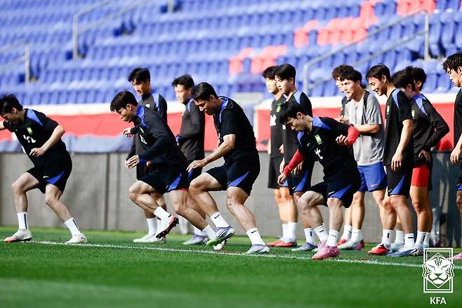 축구국가대표팀 선수들이 6일(한국시간) 미국 뉴저지주 해리슨의 스포츠일러스트레이티드 스타디움에서 미국과의 평가전을 앞두고 훈련을 하고 있다. (대한축구협회 제공. 재판매 및 DB금지) 2025.9.6/뉴스1