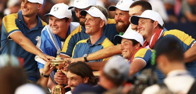 유럽이 2023년 이탈리아 로마에서 열린 라이더컵에서 우승 직후 환호하고 있다. 사진제공=라이더컵