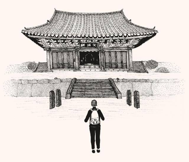 '주말엔 산사' 저자 윤설희씨가 그린 전남 순천 조계산의 선암사 대웅전. 선암사 대웅전엔 특이하게 법당 전면 가운데 문인 어간문이 없다. 휴머니스트 제공