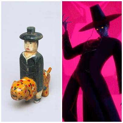 중요 민속자료 230호로 지정된 전주 최씨 고령댁 상여 부속물의 저승사자(왼쪽) 모습과 미국 애니메이션 'K팝 데몬 헌터스' 속 저승사자 모습. 국립민속박물관, 넷플릭스 제공