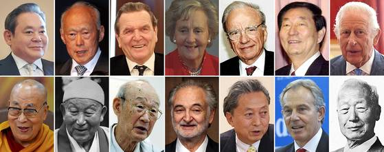 홍석현 회장은 세계 각국의 정치 지도자나 종교 지도자를 비롯해 여러 리더와의 만남에서 얻은 통찰과 일화를 책에 소개했다. 사진은 여기에 등장하는 리더들. 왼쪽 위부터 시계방향으로 이건희 전 삼성그룹 회장, 리콴유 전 싱가포르 총리, 게르하르트 슈뢰더 전 독일 총리, 캐서린 그레이엄 전 워싱턴포스트 회장, 루퍼트 머독 뉴스코퍼레이션 명예회장, 주룽지 전 중국 총리, 왕세자 시절 만난 영국 국왕 찰스 3세, 이승만 전 대통령, 토니 블레어 전 영국 총리, 하토야마 유키오 전 일본 총리, 자크 아탈리 미래학자, 김흥호 목사, 대산 종법사, 달라이 라마. [중앙포토, AFP·로이터=연합뉴스]