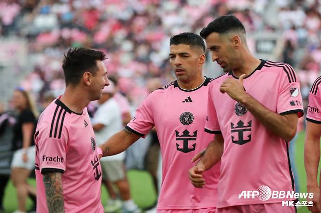 인터 마이애미 핵심 메시(사진 맨 왼쪽부터), 수아레스, 부스케츠. 셋은 FC 바르셀로나 황금기 주역이었다. 사진=AFPBBNews=News1
