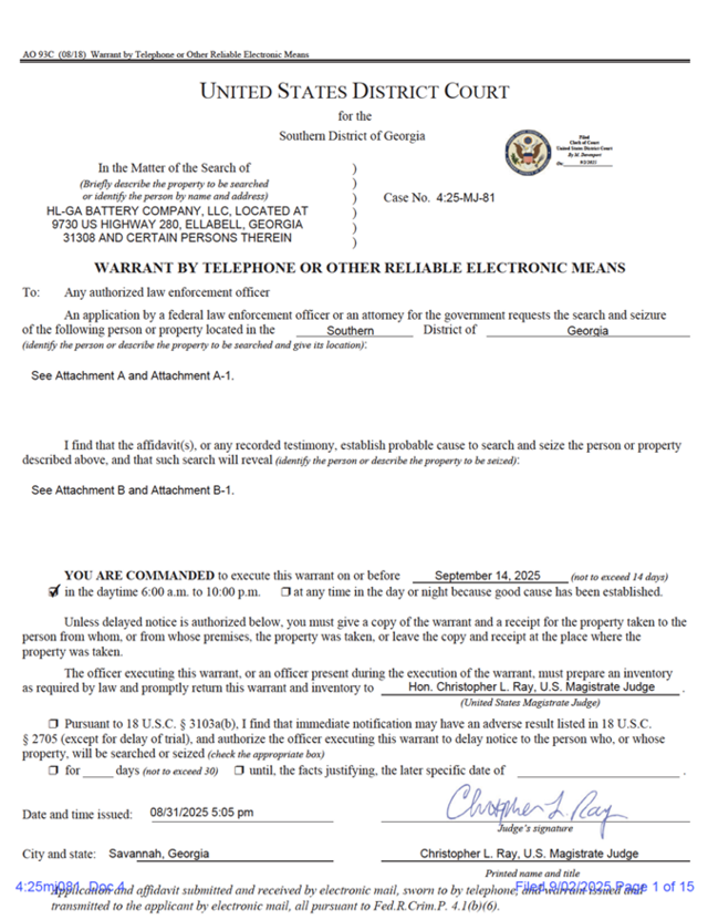 미국 국토안보수사국이 조지아주의 현대차그룹-LG에너지솔루션의 합작 배터리 공장을 수색하기 위해 발부받은 영장.