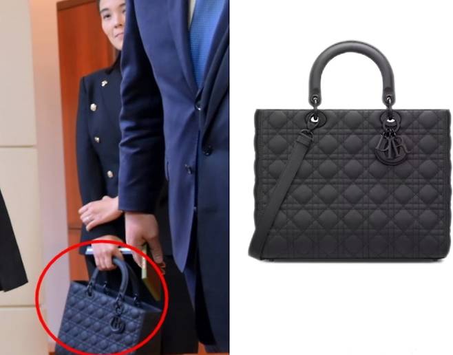 김여정 부부장이 든 양가죽 소재로 제작된 블랙 ‘레이디 디올(Lady Dior)’ 핸드백. [조선중앙통신, 디올]