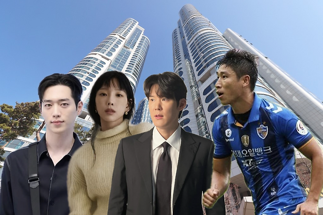 서울 성동구 성수동 ‘트리마제’와 트리마제를 보유하고 있는 것으로 알려진 배우 서강준(왼쪽부터), 그룹 소녀시대 태연, 전 수영선수 박태환, 전 축구선수 이근호. [네이버 부동산갤러리·각 유명인 공식 인스타그램 갈무리]