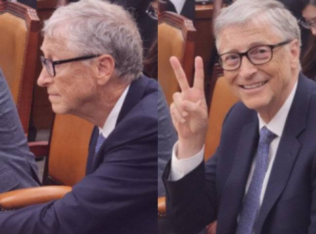 빌 게이츠 게이츠재단 이사장이 3년 만에 방한한 가운데 지난 8월 21일 국회에서 진행한 간담회에서 기자가 직접 촬영한 모습(위)이며, 아래는 ‘나노 바나나’를 활용해 만든 가상 이미지