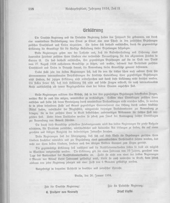 1934년 체결된 독일·폴란드 불가침조약 서류. 이처럼 지키겠다는 의지가 없다면 약속을 담고 서명한 문서는 단지 종잇조각에 불과할 뿐이다. 위키피디아
