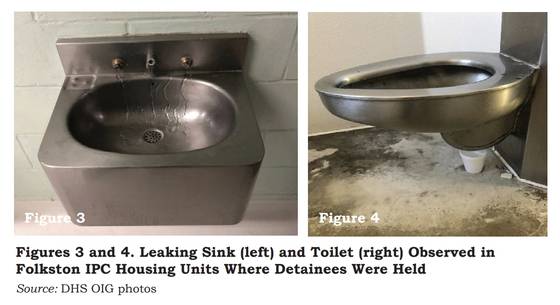 미국 이민 당국에 체포된 한국인 300여명 중 대부분이 수감된 미국 조지아주 포크스턴의 이민세관단속국(ICE) 시설. 싱크와 변기에서 물이 새고 있다. 이 사진은 2021년 11월 진행된 미국 국토안보부(DHS)의 감사 당시 촬영됐다. 연합뉴스