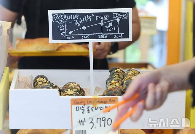 [서울=뉴시스] 황준선 기자 = 2일 오전 서울 성동구 글로우 성수에 마련된 유튜버 '슈카월드'의 베이커리 팝업 스토어 ETF베이커리에 빵 소비자물가지수가 게시돼 있다.슈카월드가 공간·브랜드 기획사인 글로우서울과 협업한 'ETF베이커리'는 빵과 인플레이션을 결합한 이른바 '빵플레이션' 프로젝트의 일환으로 지속적인 빵값 상승에 문제의식을 느끼고 시중보다 훨씬 낮은 가격으로 제품을 제공하는 것이 특징이다. 해당 팝업스토어에서는 소금빵 990원, 베이글 990원, 바게트 990원, 식빵 1990원, 명란바게트 2450원 등 전반적으로 파격적인 가격이 책정됐다. 2025.09.02. hwang@newsis.com