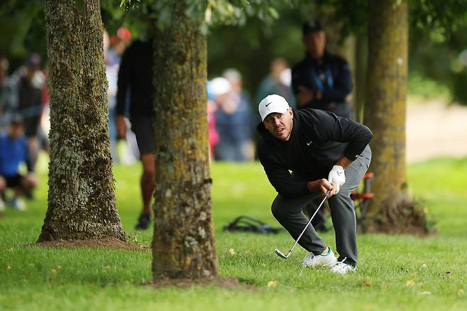 브룩스 켑카가 지난 6일 열린 아일랜드 오픈 2라운드 도중 5번 홀 러프에서 나무를 피해 샷을 한 뒤 날아가는 공을 바라보고 있다. 게티이미지코리아