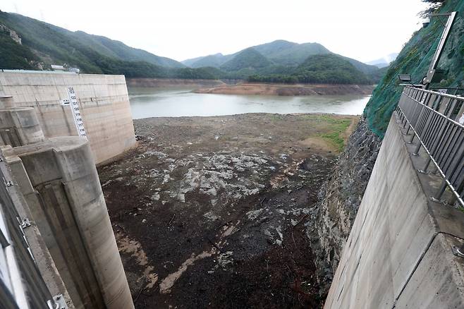 극심한 가뭄으로 인해 26일 강원 강릉시 성산면 오봉저수지가 바닥을 드러내고 있다. 20205.08.26 강릉=뉴시스