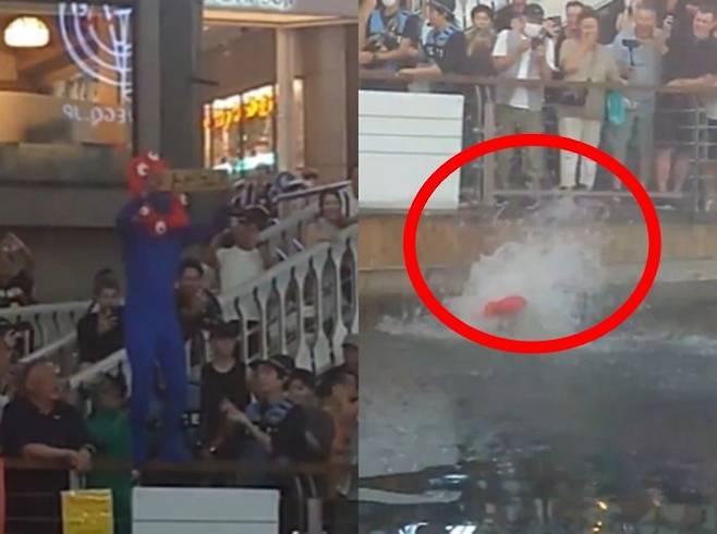 한신의 우승 소식에 도톤보리강에 뛰어든 팬. [사진 = X @ahsnoopyninari6]