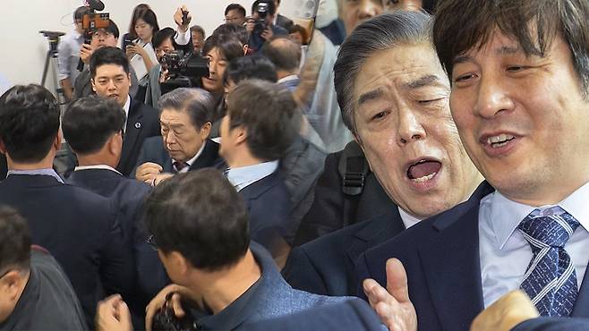 항의받으며 회견장 떠나는 김형석 독립기념관장